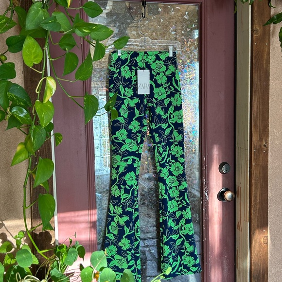NWT Zara Jacquard Pant Bell Bottoms Small Hippie Disco Navy & Neon Color Combo - Picture 5 of 6